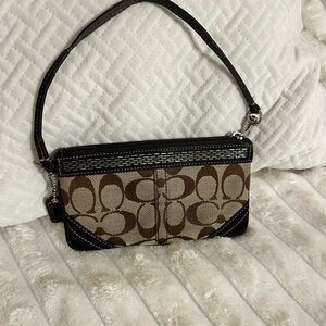 Coach RARE Signature Brown and Tan Wristlet with Beaded and Suede Accents